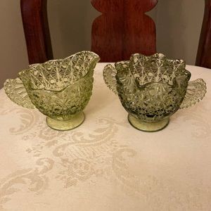 Fenton Ruffle Daisy Button olive green depression glass creamer/sugar/fan handle